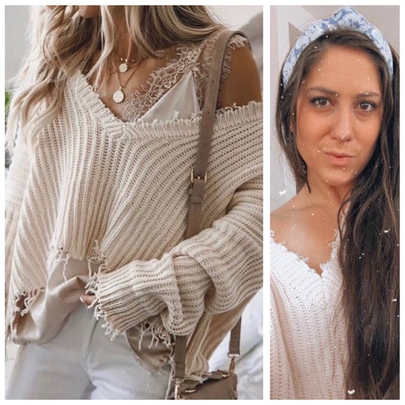 Boho Vintage Frayed Hem Off-shoulder Sweater - Picture 4 of 10